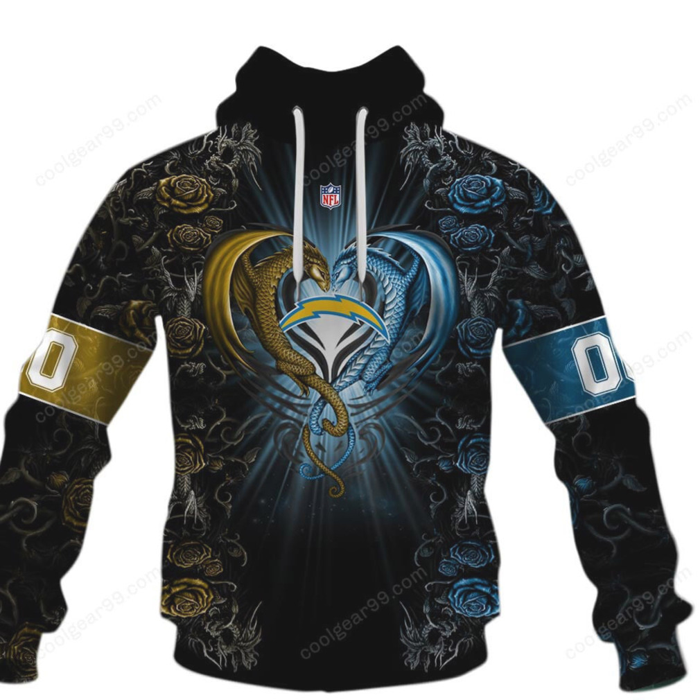 Los Angeles Chargers Heart Rose Custom Apparel Hoodie Los Angeles Chargers Heart Rose Custom Apparel Hoodie