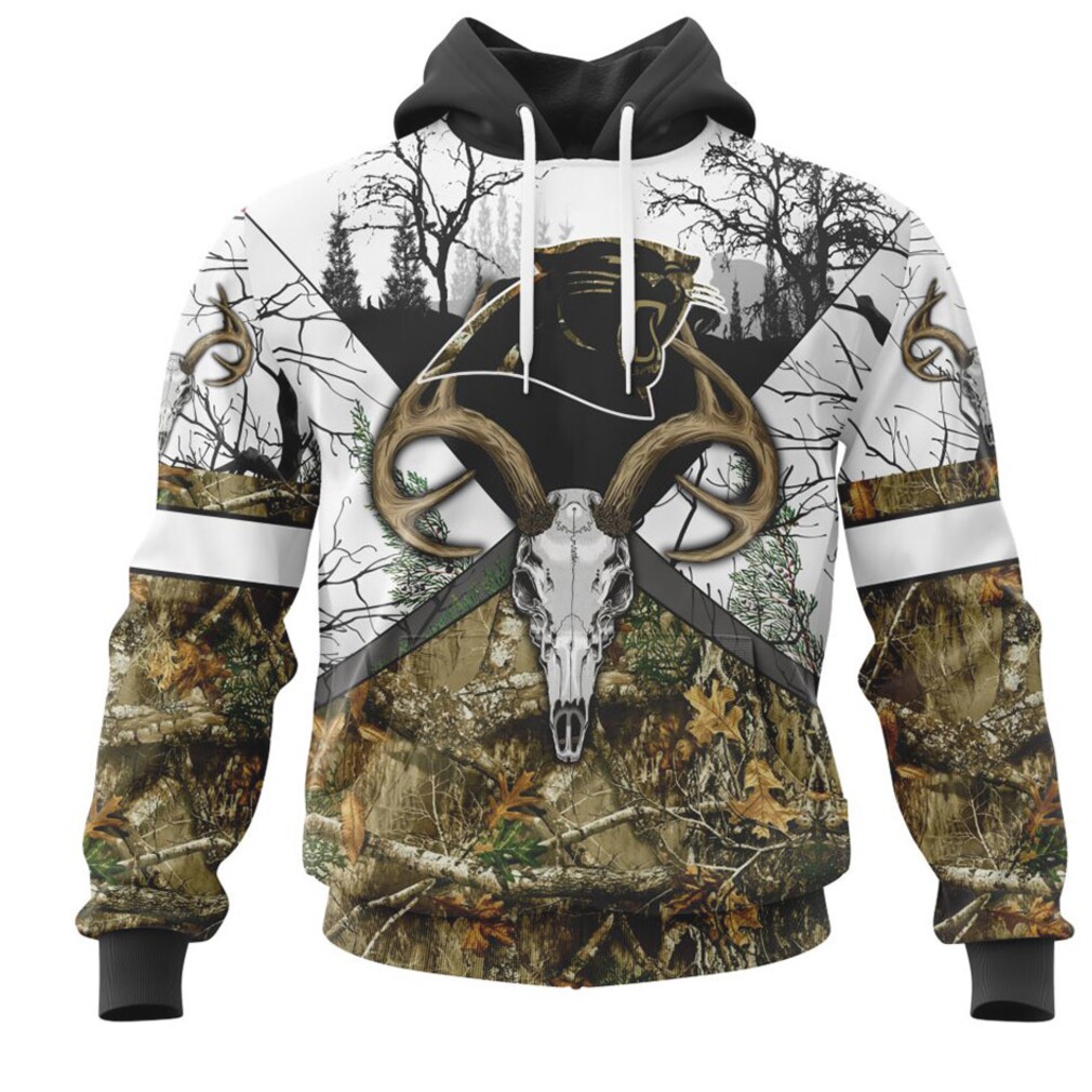NFL Carolina Panthers Custom Name Number Deer Skull And Forest Pullover Hoodie NFL Carolina Panthers Custom Name Number Deer Skull And Forest Pullover Hoodie