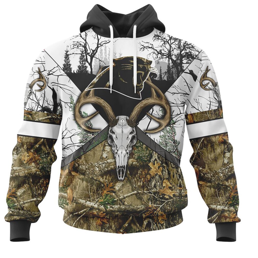 NFL Carolina Panthers Custom Name Number Deer Skull And Forest Pullover Hoodie NFL Carolina Panthers Custom Name Number Deer Skull And Forest Pullover Hoodie