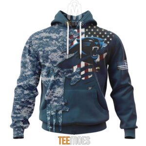 NFL Carolina Panthers Custom Name Number Navy Skull Camo Veteran Pullover Hoodie