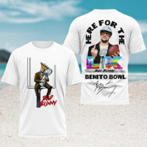 Bad Bunny Benito Bowl Here For The Super Bowl LX White Graphic Tee Fan Shirt Bad Bunny Benito Bowl Here For The Super Bowl LX White Graphic Tee Fan Shirt