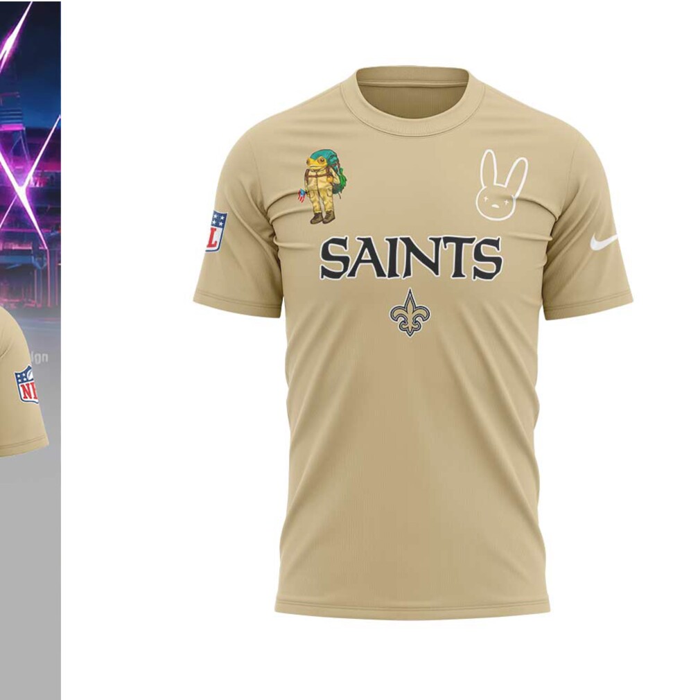 Bad Bunny Super Bowl LIX 2026 New Orleans Saints Gold Collaboration T Shirt Bad Bunny Super Bowl LIX 2026 New Orleans Saints Gold Collaboration T Shirt