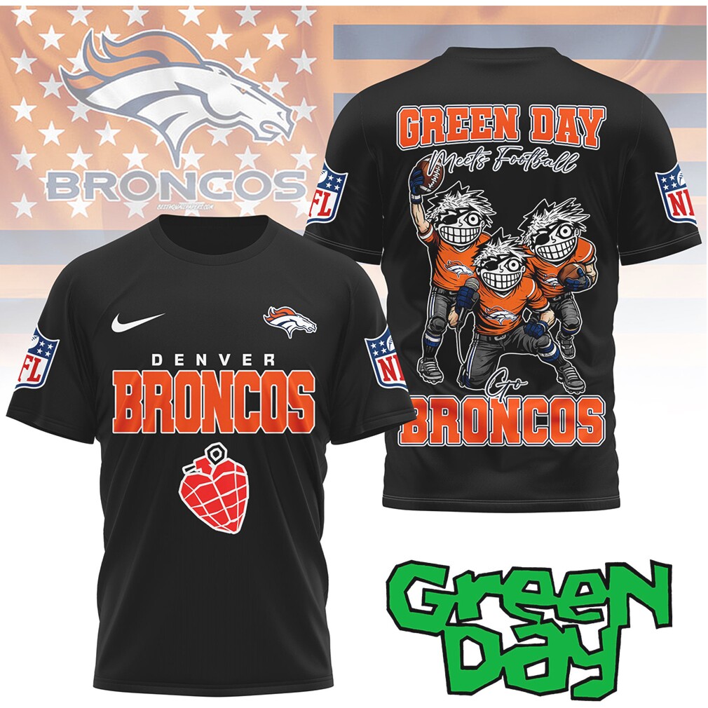 Denver Broncos “Green Day Meets Football” Cartoon Graphic Tee Denver Broncos “Green Day Meets Football” Cartoon Graphic Tee