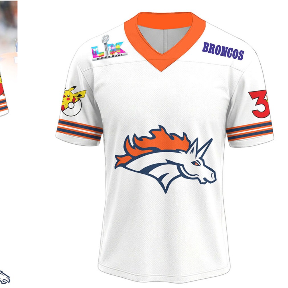 Denver Broncos Official Super Bowl x Pokemon 30th Anniversary V neck Jersey Denver Broncos Official Super Bowl x Pokemon 30th Anniversary V neck Jersey