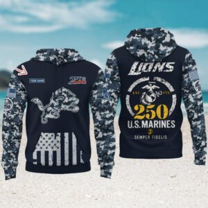 Detroit Lions US Marine Corps 250th Anniversary Game Day Hoodie Detroit Lions US Marine Corps 250th Anniversary Game Day Hoodie