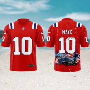 Drake Maye New England Patriots Red Custom Splatter Art Number 10 Football Jersey Drake Maye New England Patriots Red Custom Splatter Art Number 10 Football Jersey
