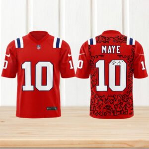 Drake Maye New England Patriots Red Number 10 Doodle Art Football Jersey