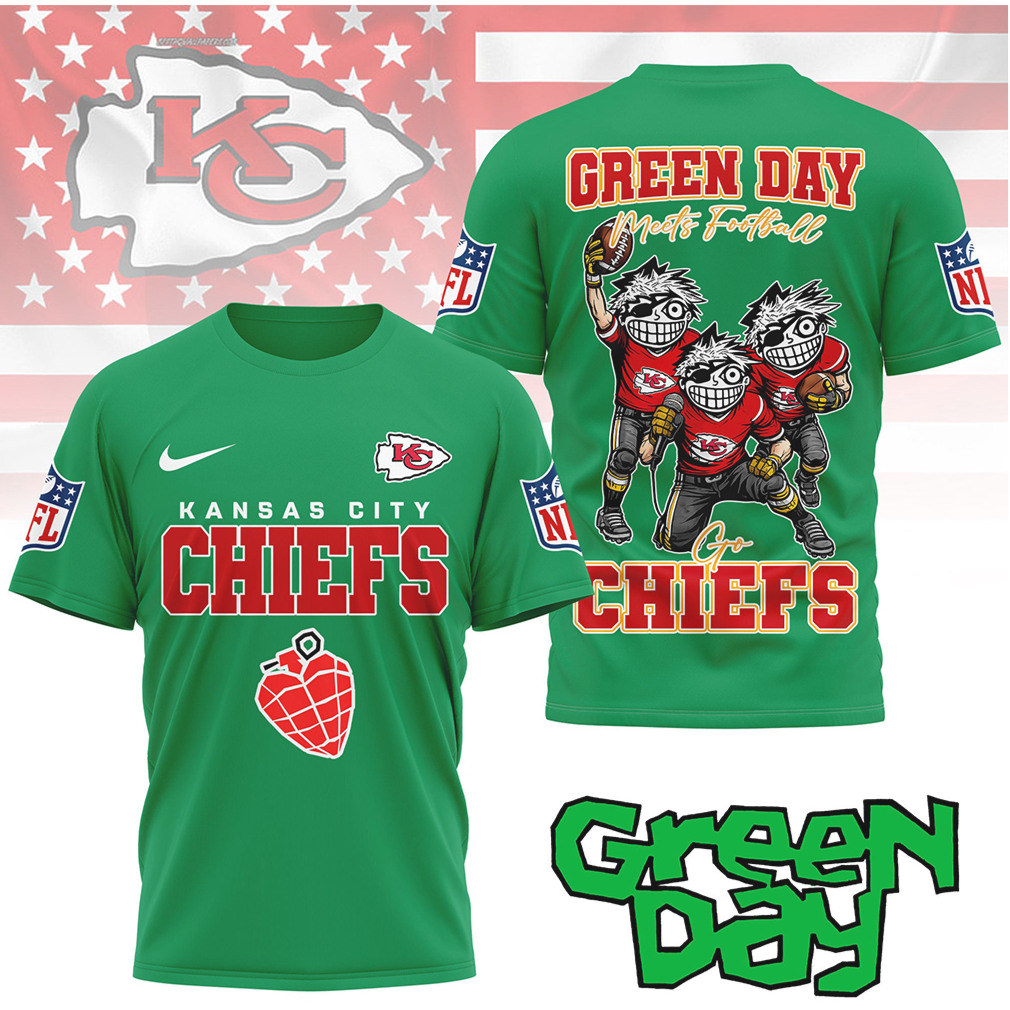 Green Day x Kansas City Chiefs Green Day Meets Football T Shirt Green Day x Kansas City Chiefs Green Day Meets Football T Shirt