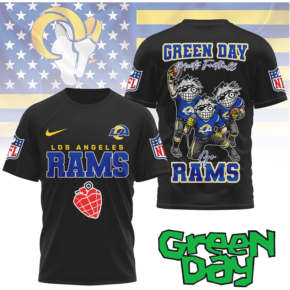 Green Day x LA Rams Green Day Meets Football Cartoon T Shirt Green Day x LA Rams Green Day Meets Football Cartoon T Shirt