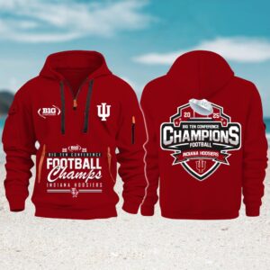 Indiana Hoosiers 2025 big ten champs silver red quarter zip hoodie Indiana Hoosiers 2025 big ten champs silver red quarter zip hoodie