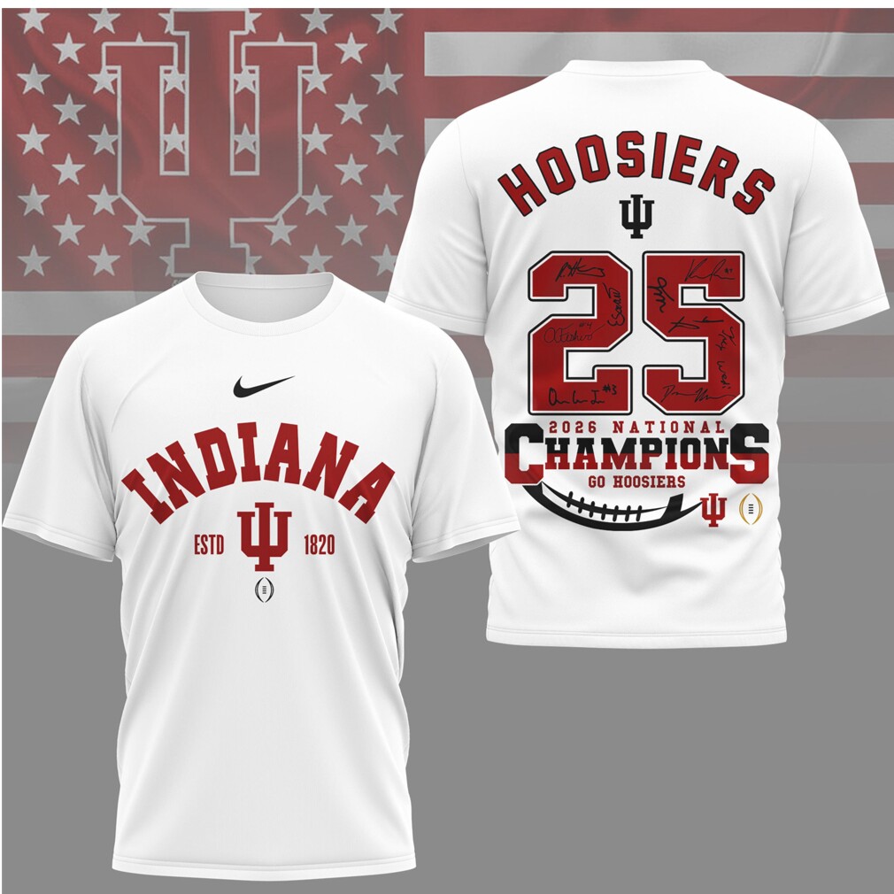 Indiana Hoosiers 2026 National Champions Signature Roster Trophy Fan Shirt Indiana Hoosiers 2026 National Champions Signature Roster Trophy Fan Shirt
