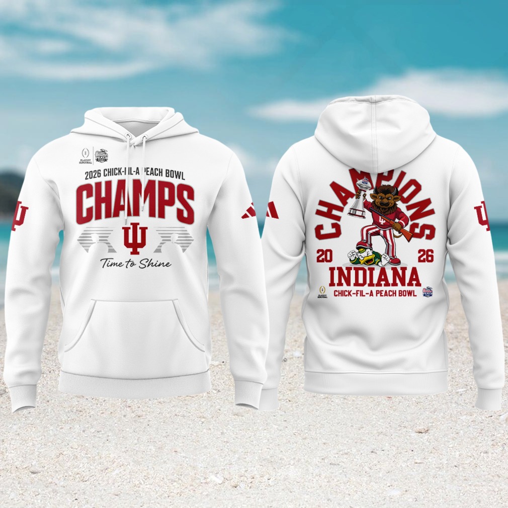 Indiana Hoosiers 2026 peach bowl champions white hoodie mascot back Indiana Hoosiers 2026 peach bowl champions white hoodie mascot back