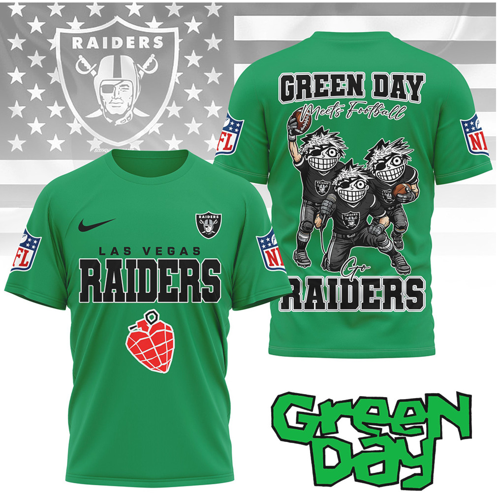 Las Vegas Raiders “Green Day Meets Football” Cartoon Graphic Tee Las Vegas Raiders “Green Day Meets Football” Cartoon Graphic Tee