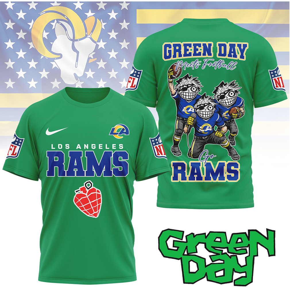Los Angeles Rams “Green Day Meets Football” Band Crossover Tee Los Angeles Rams “Green Day Meets Football” Band Crossover Tee