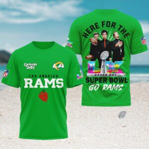 Los Angeles Rams Green Day Super Bowl LX Green T Shirt NFL Rock Band Fan Apparel T Shirt Los Angeles Rams Green Day Super Bowl LX Green T Shirt NFL Rock Band Fan Apparel T Shirt