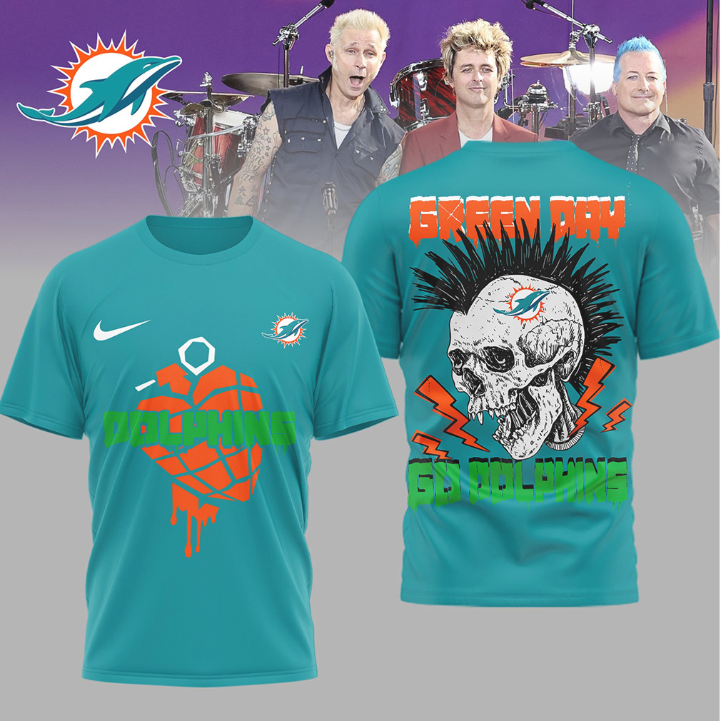 Miami Dolphins x Green Day Punk Skull Mohawk Graphic Tee Miami Dolphins x Green Day Punk Skull Mohawk Graphic Tee
