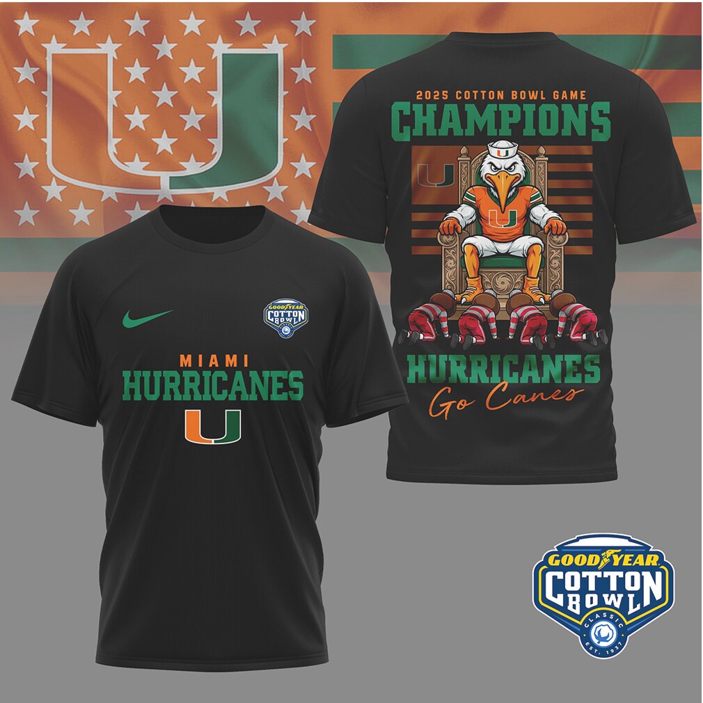 Miami Hurricanes 2025 Cotton Bowl Champions Mascot Throne Football Fan T Shirt Miami Hurricanes 2025 Cotton Bowl Champions Mascot Throne Football Fan T Shirt