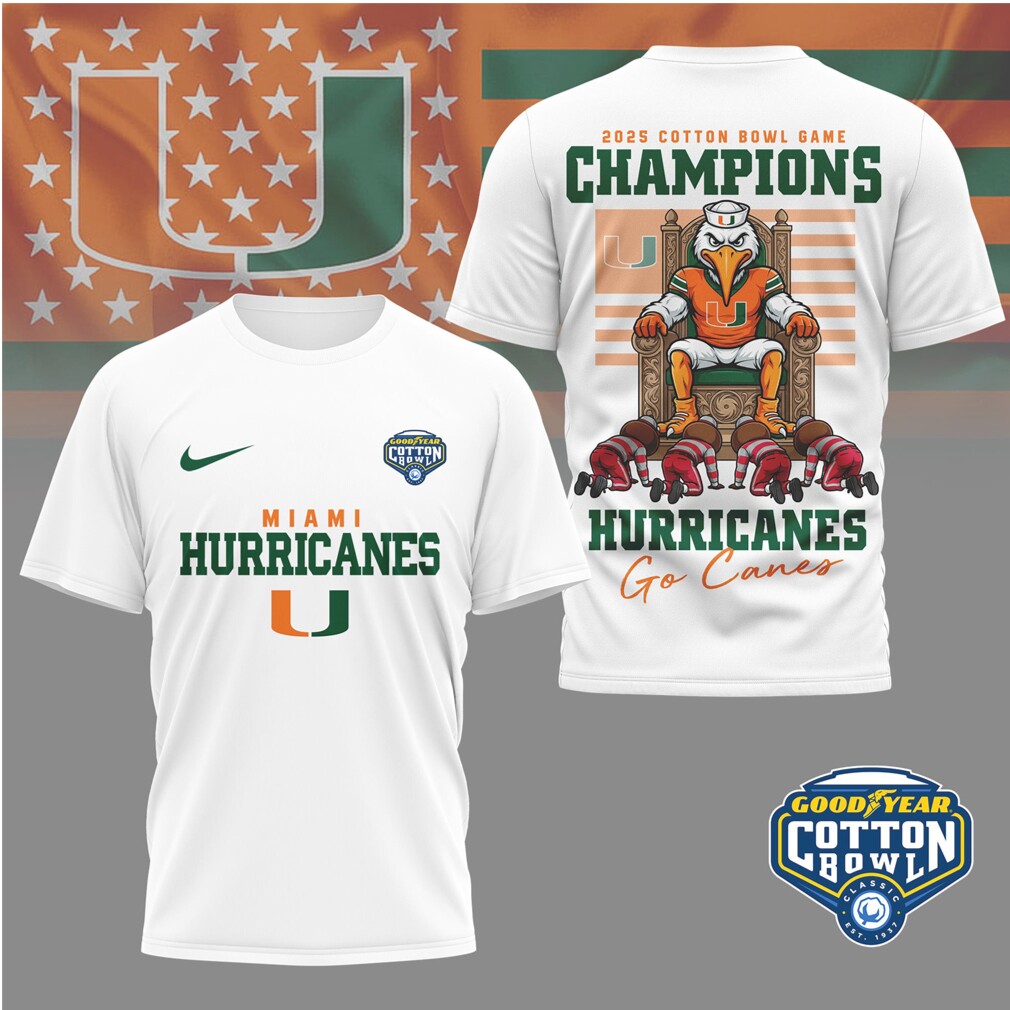 Miami Hurricanes 2025 Cotton Bowl Champions Mascot Throne Football Fan T Shirt Miami Hurricanes 2025 Cotton Bowl Champions Mascot Throne Football Fan T Shirt