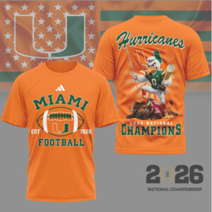 Miami Hurricanes 2026 National Champions Sebastian Mascot Trophy Victory Shirt