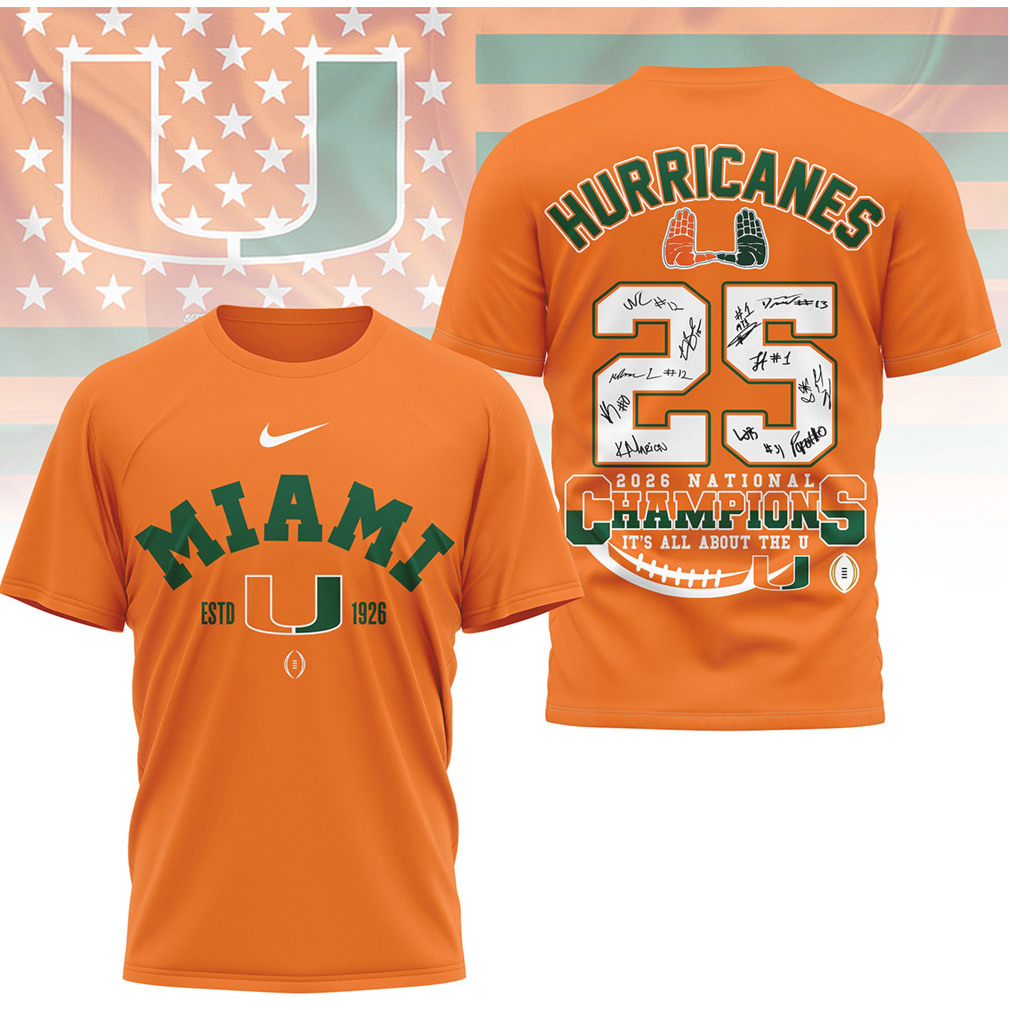 Miami Hurricanes 2026 National Champions Signature Roster Trophy Fan Shirt Miami Hurricanes 2026 National Champions Signature Roster Trophy Fan Shirt