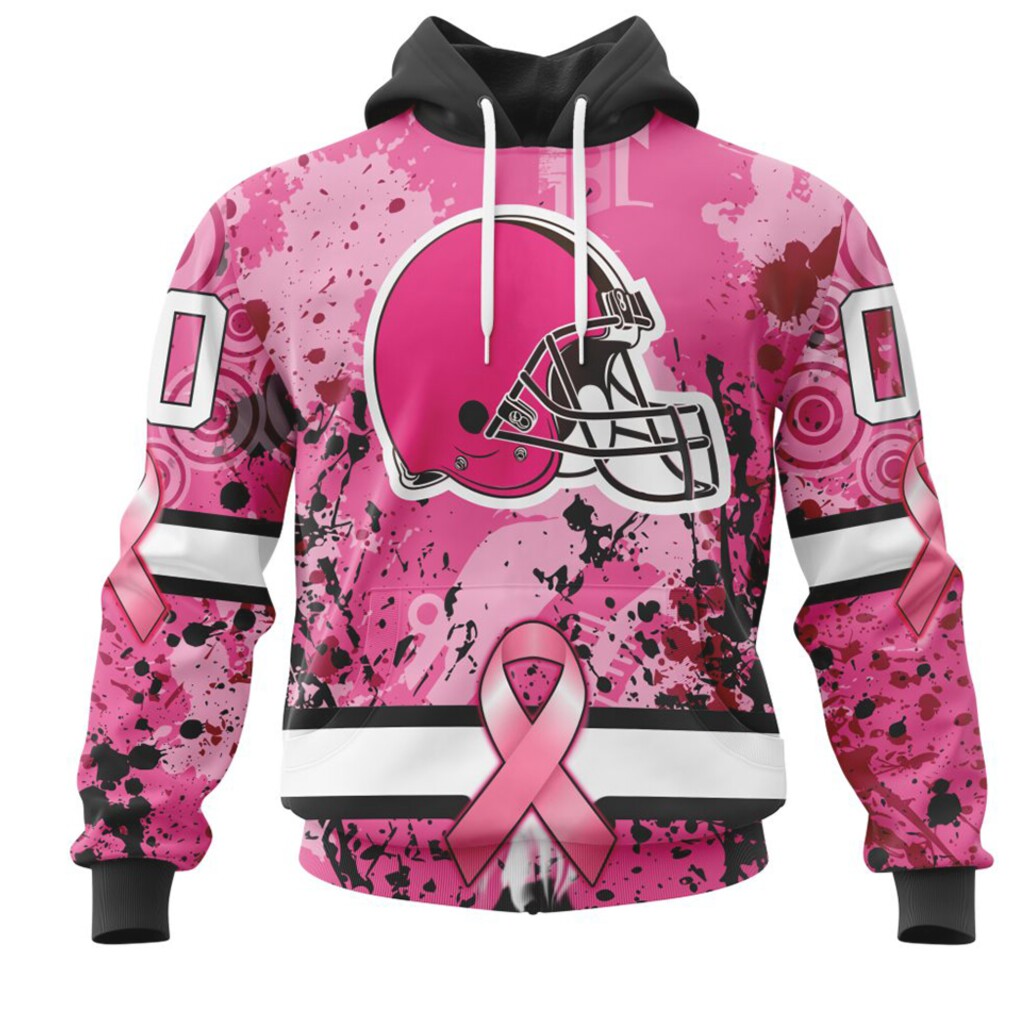 NFL Cleveland Browns Custom Name Number Pink Breast Cancer Pullover Hoodie NFL Cleveland Browns Custom Name Number Pink Breast Cancer Pullover Hoodie