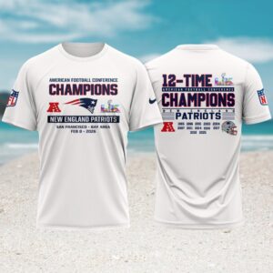 New England Patriots 12 Time Champions AFC 2025 Victory White Roster History T Shirt
