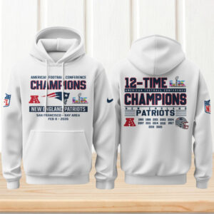 New England Patriots 12 Time Champions AFC 2025 Victory White Roster Pullover Hoodie New England Patriots 12 Time Champions AFC 2025 Victory White Roster Pullover Hoodie
