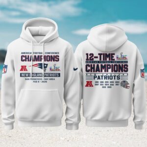 New England Patriots 12 Time Champions AFC 2025 Victory White Roster Pullover Hoodie
