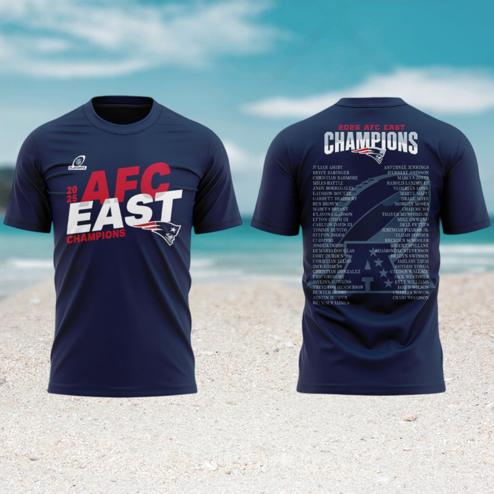 New England Patriots 2025 AFC East Champions Roster List Navy Blue tshirt New England Patriots 2025 AFC East Champions Roster List Navy Blue tshirt