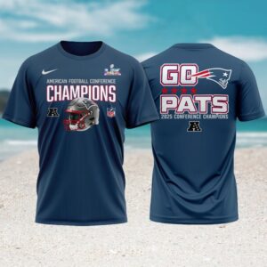 New England Patriots 2025 Conference Champions Go Pats Blue Helmet Fan T Shirt
