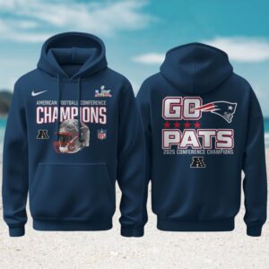 New England Patriots 2025 Conference Champions Go Pats Blue Helmet Pullover Fan Hoodie