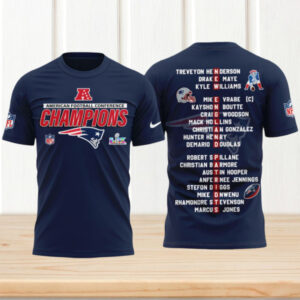 New England Patriots AFC Champions Roster T Shirt Drake Maye Mike Vrabel Signature Navy Shirt New England Patriots AFC Champions Roster T Shirt Drake Maye Mike Vrabel Signature Navy Shirt