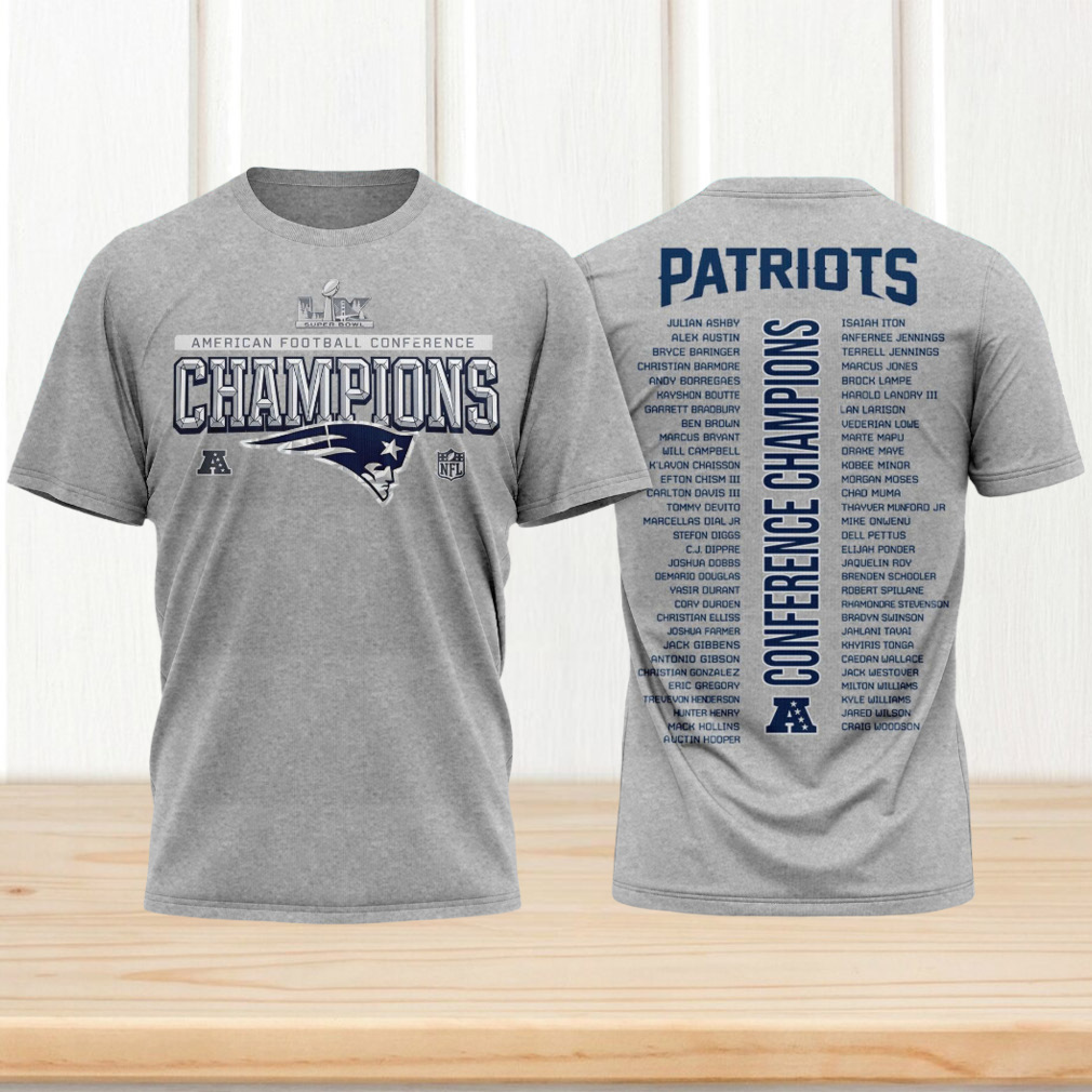 New England Patriots AFC Conference Champions Grey T Shirt Complete Roster Player Name List New England Patriots AFC Conference Champions Grey T Shirt Complete Roster Player Name List