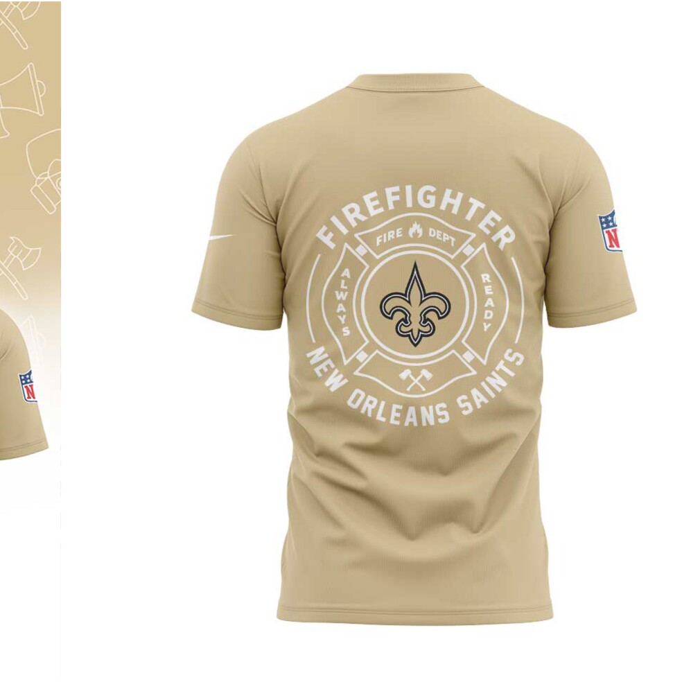 New Orleans Saints Firefighter Appreciation Day 2025 Gold Axe Emblem Tribute T Shirt New Orleans Saints Firefighter Appreciation Day 2025 Gold Axe Emblem Tribute T Shirt