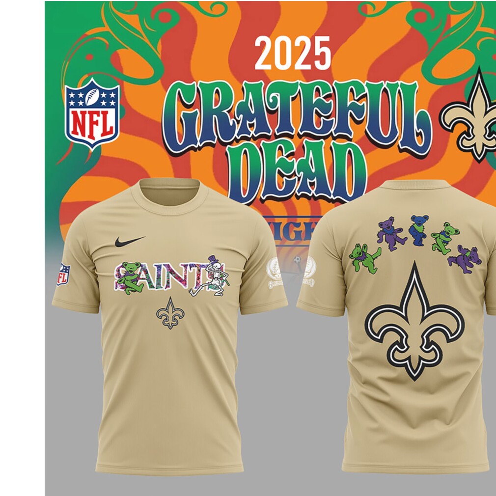New Orleans Saints Grateful Dead 2025 Collaboration Dancing Bears Gold NFL T Shirt New Orleans Saints Grateful Dead 2025 Collaboration Dancing Bears Gold NFL T Shirt