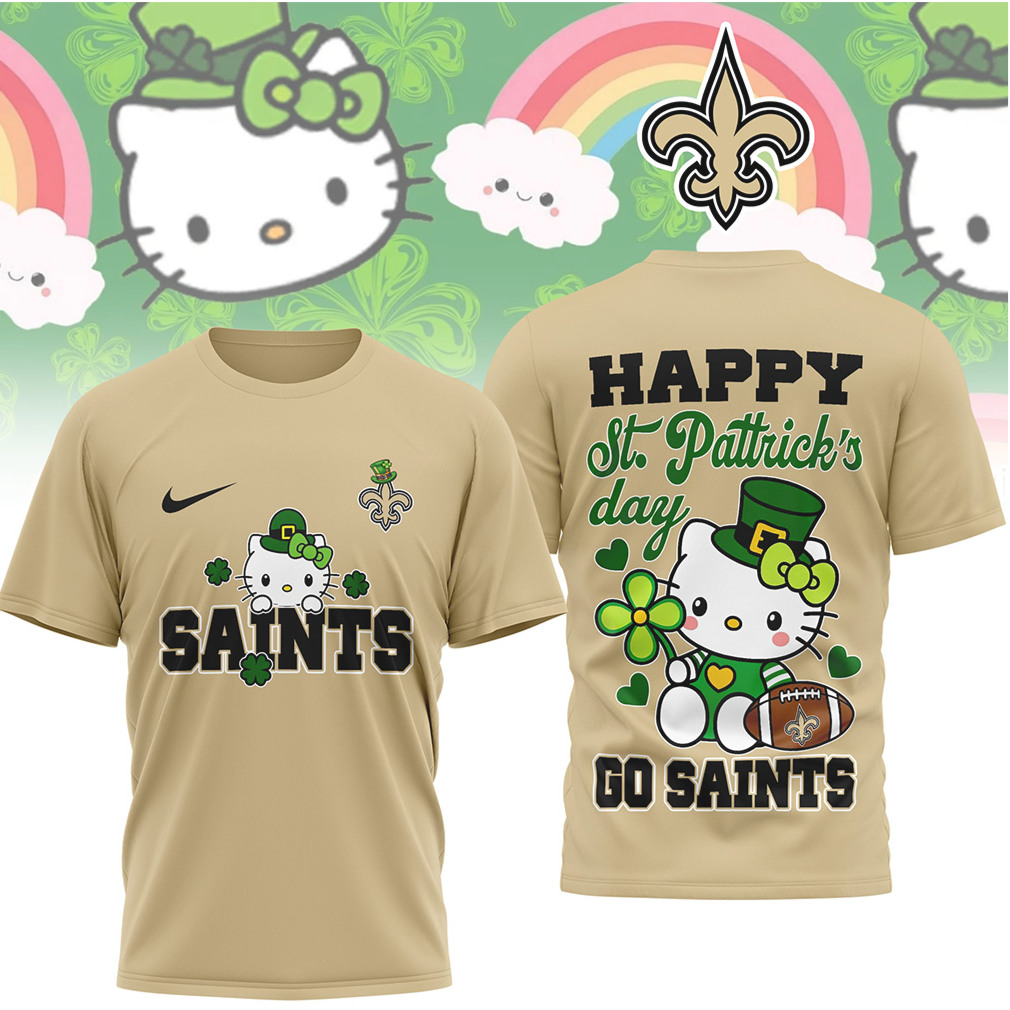 New Orleans Saints Hello Kitty St. Patrick's Day Lucky Shamrock Football T Shirt New Orleans Saints Hello Kitty St. Patrick's Day Lucky Shamrock Football T Shirt