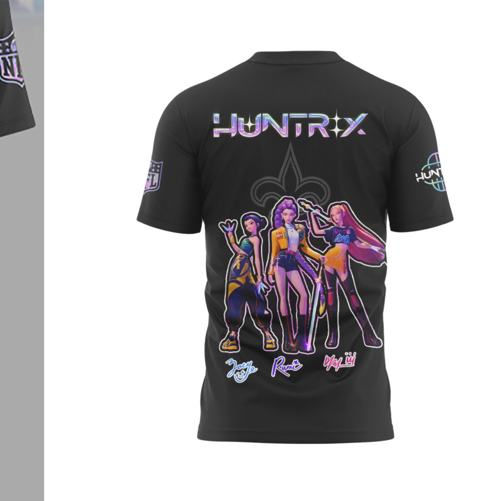 New Orleans Saints K Pop Demon Hunters Huntrix Collaboration Black NFL Fan T Shirt New Orleans Saints K Pop Demon Hunters Huntrix Collaboration Black NFL Fan T Shirt