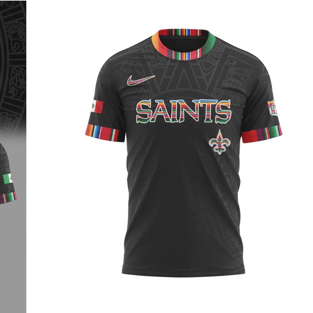 New Orleans Saints Mexican Heritage NFL 2025 Serape Pattern Black Fan T Shirt New Orleans Saints Mexican Heritage NFL 2025 Serape Pattern Black Fan T Shirt