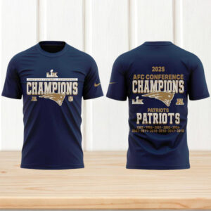 Patriots 2025 AFC Conference Champions Gold Lettering Navy Super Bowl LIX Shirt