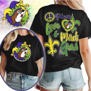 Peace Love Mardi Gras Buc ee’s Beaver Jester Hat Purple Green Gold Festival Shirt Peace Love Mardi Gras Buc ee’s Beaver Jester Hat Purple Green Gold Festival Shirt