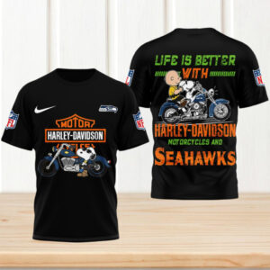 Peanuts Snoopy Charlie Brown Harley Davidson Seattle Seahawks Motorcycle T Shirt