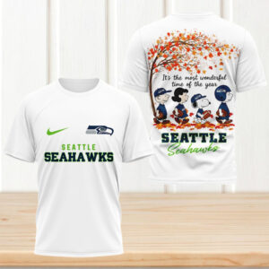 Peanuts Snoopy Charlie Brown Seattle Seahawks Autumn Leaves Most Wonderful Time Football T Shirt