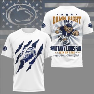 Penn State Nittany Lions Fan Damn Right Mascot Claw Rip Navy Blue T Shirt