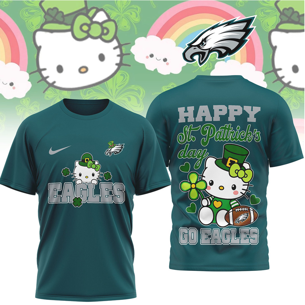 Philadelphia Eagles Hello Kitty St. Patrick's Day Lucky Clover Football Fan Sportswear Shirt Philadelphia Eagles Hello Kitty St. Patrick's Day Lucky Clover Football Fan Sportswear Shirt