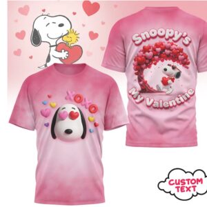 Snoopy My Valentine Pink Heart Graphic T Shirt Custom Text Valentine's Day Shirt