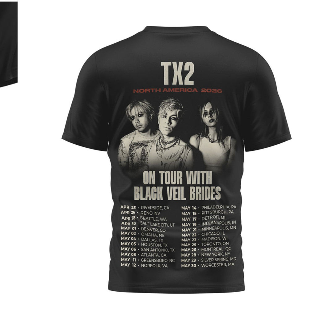TX2 North America 2026 Tour Graphic T Shirt Black Veil Brides Concert Fan Shirt TX2 North America 2026 Tour Graphic T Shirt Black Veil Brides Concert Fan Shirt