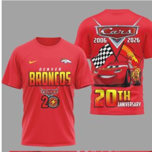 Denver Broncos Disney Cars Lightning McQueen 20th Anniversary Red Graphic Racing T Shirt Denver Broncos Disney Cars Lightning McQueen 20th Anniversary Red Graphic Racing T Shirt