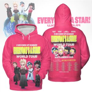 5 Seconds Of Summer Everyone’s A Star World Tour 2026 Pink Graphic T Shirt 5 Seconds Of Summer Everyone’s A Star World Tour 2026 Pink Graphic T Shirt