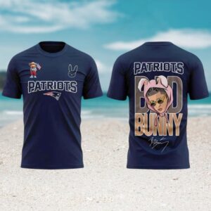 Bad Bunny New England Patriots Navy Blue Graphic Unique Artist Collaboration Apparel T Shirt