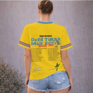 Bad Bunny World Tour Jersey Puerto Rico Flag Yellow Beach Graphic V Neck Shirt